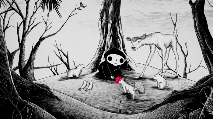 Little Death (Nami Annette Gillet) sits among forest animals in A Little Death.