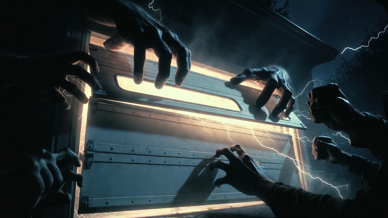 Clawed hands reach through a glowing garage door amid lightning, symbolizing threats to independent filmmakers' access to AI.