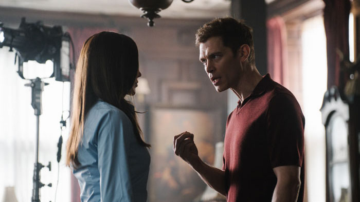 Joseph Morgan and Katie Cassidy in a tense confrontation on the set of Herbert West: Reanimator.