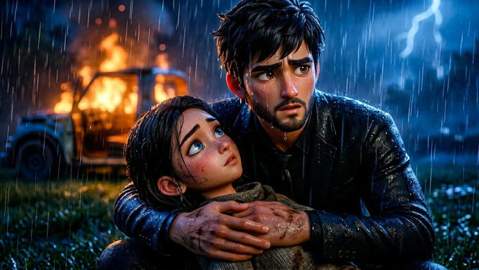 A man cradles an injured young woman in the rain beside a burning truck in Saying Goodbye, I Wish It Was Easy.