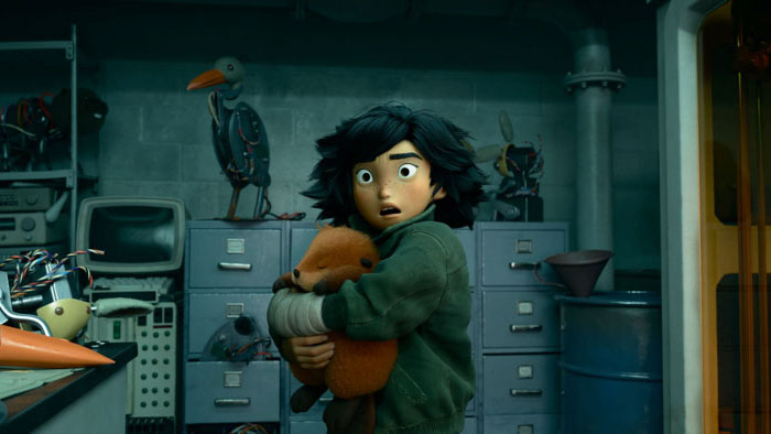 Mabel Tanaka holding a robotic beaver in a laboratory scene from Pixar’s animated film Hoppers.